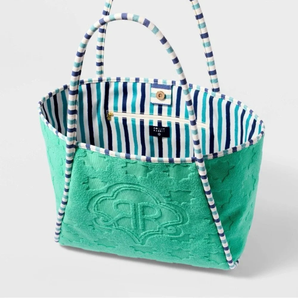NWT Roller Rabbit x Target Aqua Terry-Cloth Tote with Striped Rope Handles - Picture 2 of 4